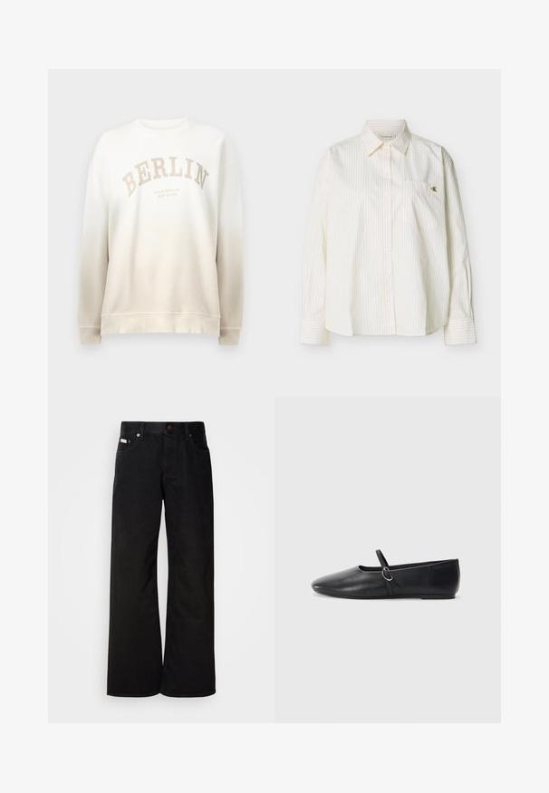 Sudadera crema con un desvanecimiento en degradado. Presenta la palabra "BERLÍN" impresa en un arco de color beige claro y cuellos y puños de canalé. Textura suave.; Camisa blanca de manga larga con botones, rayas verticales delgadas, cuello puntiagudo, bolsillo en el pecho frontal y pequeño logo dorado "cK" en el bolsillo.; Jeans de pierna ancha negros, hechos de algodón. Presentan bolsillos frontales, cierre de botón y una textura de denim clásica. Diseño minimalista sin patrones.; Bailarinas de cuero negro con punta afilada, suela plana y una pequeña correa con detalle de hebilla plateada.