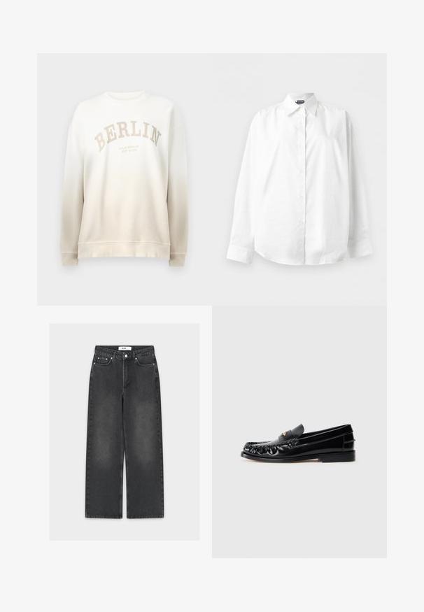 Sudadera crema con un desvanecimiento en degradado. Presenta la palabra "BERLÍN" impresa en un arco de color beige claro y cuellos y puños de canalé. Textura suave.; Camisa blanca de manga larga con botones y cuello puntiagudo, mostrada extendida sobre un fondo blanco liso.; Pantalones vaqueros negros de pierna ancha con un acabado desgastado, con cierre de botón y cremallera, diseño de cinco bolsillos y costuras en contraste.; Mocasines de cuero negro con puntera redondeada, costuras decorativas y un pequeño acento dorado en el empeine. Suela plana de goma, diseño elegante.