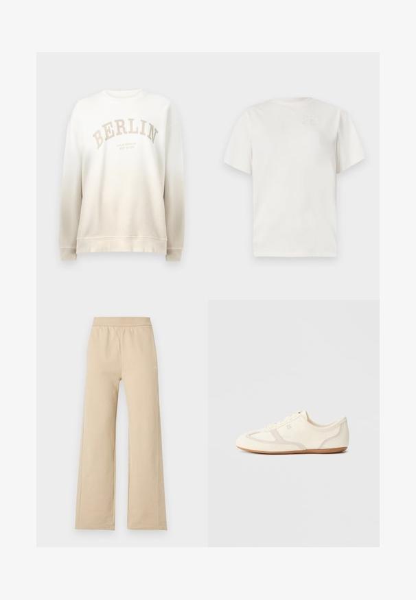 Kreemipullover, millel on gradient-fade. Esiküljel on heledas beežis toonis trükitud tekst "BERLIIN" ja ribaga ümar kaelus ning varrukate otstes. Pehme tekstuur.; Valkoinen puuvillapaita, jossa on pyöreä kaula-aukko, lyhyet hihat ja hillitty kohotettu logo rinnassa. Sujuva pinta ja rento istuvuus.; Beiget leveälahkeiset housut, joissa on joustava vyötärönauha ja vähän saumatietoja, esitetty yksinkertaisen vaalean taustan edessä.; Kermansävyiset tennarit, joissa mokkanahka- ja kangaspäällinen, pyöreä kärki ja kumipohja beigeillä koristeyksityiskohdilla. Nauhallinen malli.
