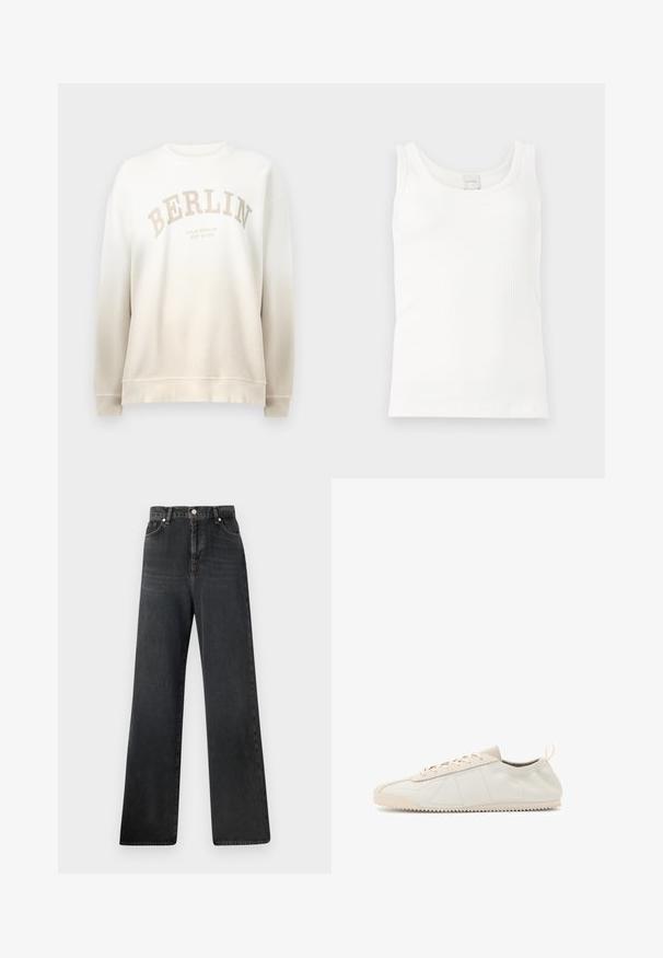 Sudadera crema con un desvanecimiento en degradado. Presenta la palabra "BERLÍN" impresa en un arco de color beige claro y cuellos y puños de canalé. Textura suave.; Camiseta sin mangas blanca con textura acanalada, escote redondo y etiqueta de Calvin Klein en el cuello trasero.; Vaqueros negros de pierna ancha con cintura alta, cierre de botón, cinco bolsillos y un sutil desgaste en la textura de la tela.; Zapatillas de cuero crema con puntera redondeada, diseño de cordones, acentos texturizados y suela de goma texturizada con patrón de tracción en zigzag.