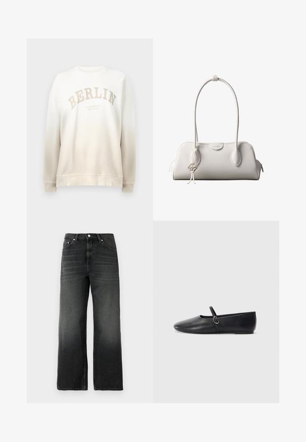 Sudadera crema con un desvanecimiento en degradado. Presenta la palabra "BERLÍN" impresa en un arco de color beige claro y cuellos y puños de canalé. Textura suave.; Jeans de mezclilla negra con un ajuste relajado, diseño de pierna recta, textura desgastada, estilo de cinco bolsillos y cierre de botón plateado en la cintura.; Bailarinas de cuero negro con punta afilada, suela plana y una pequeña correa con detalle de hebilla plateada.; Bolso de hombro blanco de Calvin Klein con asas largas, forma rectangular, cierre de cremallera y charm decorativo con el logo colgando cerca del asa.