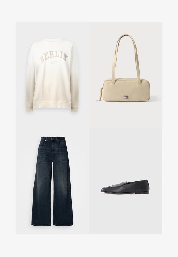 Creme sweatshirt med gradientfade. Har "BERLIN" trykt i lys beige i en bue og ribbede manchetter og hals. Blød tekstur.; Bredde jeans lavet af mørk denim, med høj talje, frontlommer og en ren finish med subtile udvendinger og minimale syninger.; Sorte læderloafers med en glat tekstur, rundet tå og subtile syningsdetaljer. Har en guldfarvet logoaccent på oversiden.; Beige rektangulær håndtaske lavet af glat materiale med to håndtag, en lynlåslukning og et metal-logo med mærketryk på forsiden.