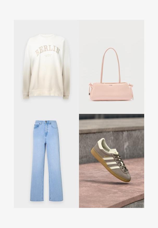 Creme sweatshirt med gradientfade. Har "BERLIN" trykt i lys beige i en bue og ribbede manchetter og hals. Blød tekstur.; Lysblå højtaljede jeans med bred ben-design, lavet af denim. Har markante syninger og fem-lommes styling.; Lysebrun ruskinds Adidas-sneaker med hvide striber og gummisål, svævende over lyserøde stentrapper udendørs.; Lyserød rektangulær håndtaske med lange håndtag, knudedetaljer på siderne og lille "ALDO"-logo midt for.