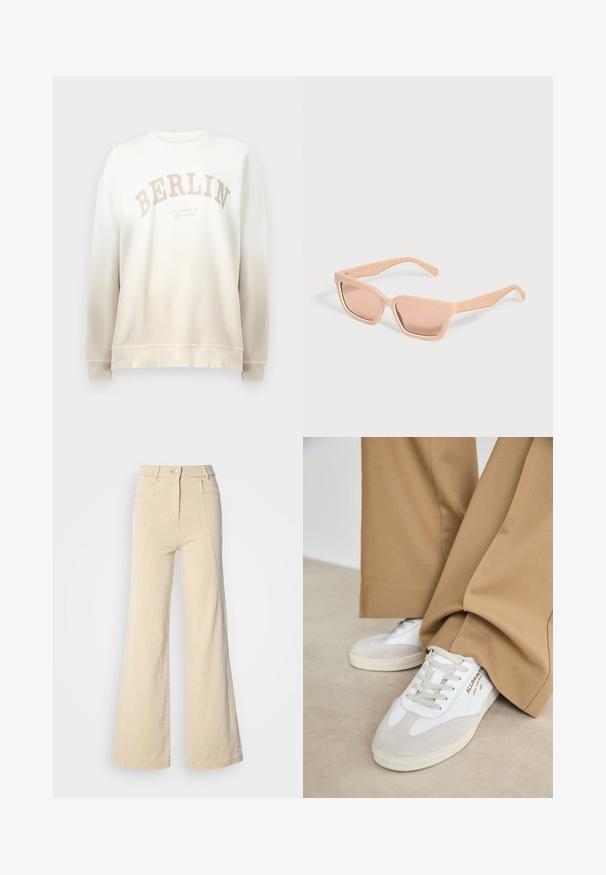 Creme sweatshirt med gradientfade. Har "BERLIN" trykt i lys beige i en bue og ribbede manchetter og hals. Blød tekstur.; Beige vidde jeans med høj talje, forlommer og kontrasterende syninger, udstyret med en knaplukning og en glat bomuldsstruktur.; Hvide sneakers med ruskinddetaljer, strukturerede snørebånd og gummisål. Kombineret med løse, brune bukser. Logoet er vist på siden.; Rektangulære lyse ferskenfarvede solbriller med tykke stel og matchende tonede linser på en ensfarvet lys baggrund.