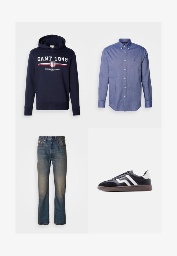 Marineblå hættetrøje med et frontgrafik, der har "GANT 1949" og et skjoldlogo. Den er lavet af blødt materiale, har lange ærmer og en hætte med snore.; Blå skjorte med knapper, lavet af chambray stof. Har spredt krave, lange ærmer og et lille logo på brystet. Klassisk pasform.; Højtaljede blå jeans lavet af denim, med et lige ben-design, falmede slidte lapper og traditionel fem-lomme stil.; Sorte sneakers med ruskind og syntetisk materiale, hvide diagonale striber og en brun tekstureret sål. Har snøredesign og polstret krave.