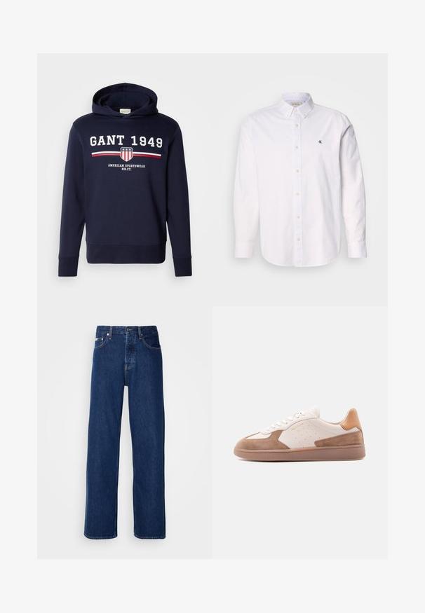 Sudadera azul marino con un gráfico frontal que presenta "GANT 1949" y un logo de escudo. Confeccionada en material suave, tiene mangas largas y capucha ajustable con cordón.; Camisa blanca de algodón, con cuello clásico, mangas largas y un pequeño logo de CK en el lado izquierdo del pecho. Textura suave.; Vaqueros de mezclilla azul oscuro con un diseño de pierna ancha, que presentan un cierre de botón y el clásico estilo de cinco bolsillos. La tela tiene una textura suave.; Zapatilla baja blanca y beige con detalles de ante, laterales perforados, cordones blancos y suela de goma texturizada, mostrada de lado sobre un fondo blanco.