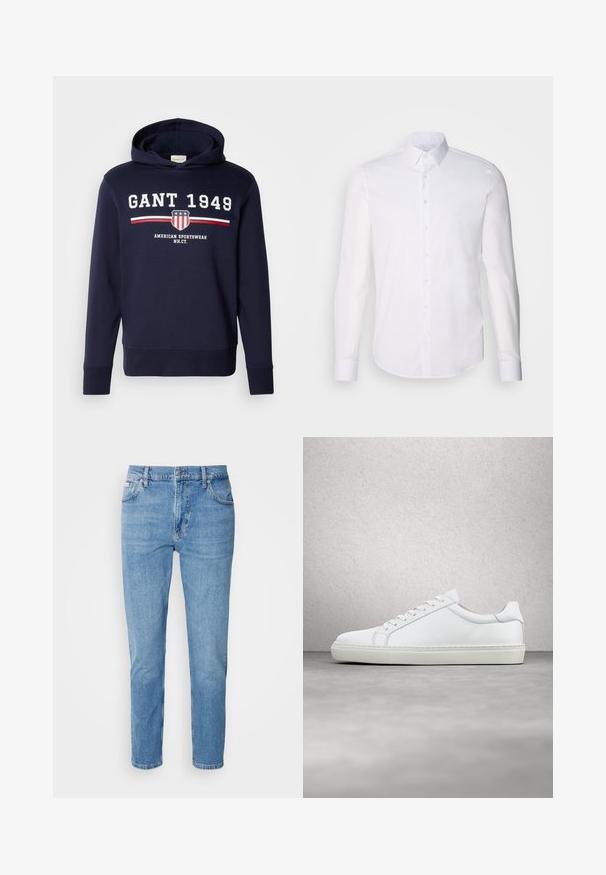 Marineblå hættetrøje med et frontgrafik, der har "GANT 1949" og et skjoldlogo. Den er lavet af blødt materiale, har lange ærmer og en hætte med snore.; Hvid langærmet button-up skjorte lavet af bomuld, med en klassisk krave, frontknapper og minimal syning detalje.; Lys blå denim jeans med lige snit, fem-lomme design og subtilt slid. Har knaplukning og bæltestropper.; Hvide sneakers med en glat læderoverdel og lav profil. Har en rund tå, seks snørehuller og en tekstureret gummisål.