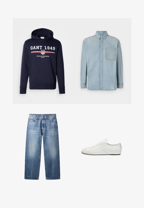 Navy blauwe hoodie met een grafisch ontwerp op de voorkant met "GANT 1949" en een schildlogo. Gemaakt van zachte materialen, heeft het lange mouwen en een capuchon met trekkoord.; Lichtblauwe denim shirt met lange mouwen, een knoopsluiting aan de voorkant en een enkele borstzak. Het heeft een klassieke kraag en standaard manchetten.; Lichtblauwe rechte jeans met vervaagde plekken, vijf zakken, knoopsluiting en Calvin Klein-label op de rechter voorzak.; Witte lage leren sneaker met vetersluiting aan de voorkant, subtiele stiksel details en een platte, dunne zool, zijaanzicht.