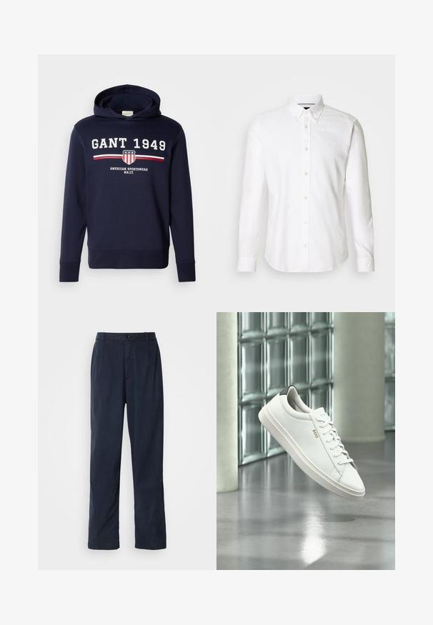 Marineblaue Kapuzenjacke mit einem Frontgrafik, die "GANT 1949" und ein Schild-Logo zeigt. Hergestellt aus weichem Material, hat sie lange Ärmel und eine Kordelzugkapuze.; Weißes Langarmhemd mit Knopfleiste und Kragen mit Knöpfen, aus glattem Stoff, mit einem dezenten Logo auf der Brust und Knopfverschluss.; Marineblaue Hose aus Baumwollmischung. Verfügt über einen geraden Schnitt, einen vorderen Knopfverschluss und dezente Falten. Glatte Textur.; Weißer Leder-Low-Top-Sneaker mit Schnürsenkeln, schwarzer Fersenschlaufe und „BOSS“-Logo, der drinnen nahe einer Glassteinwand und einem polierten Boden schwebt.