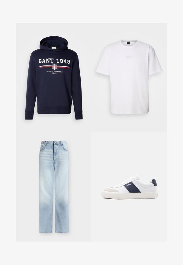 Navy blauwe hoodie met een grafisch ontwerp op de voorkant met "GANT 1949" en een schildlogo. Gemaakt van zachte materialen, heeft het lange mouwen en een capuchon met trekkoord.; Witte katoenen T-shirt met korte mouwen, ronde halslijn en reliëf 'BOSS' logo op de borst. Veilig textuur, standaard pasvorm.; Lichtblauwe, hoog getailleerde, rechte jeans met voorzakken, riemlussen en een knoopsluiting.; Witte lage sneaker met marineblauwe zijstreep, "BOSS"-logo, beige neuskap en witte zool, in profiel weergegeven tegen een lichte achtergrond.