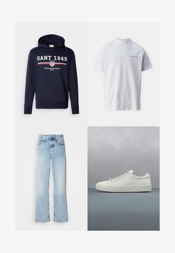 Marineblaue Kapuzenjacke mit einem Frontgrafik, die "GANT 1949" und ein Schild-Logo zeigt. Hergestellt aus weichem Material, hat sie lange Ärmel und eine Kordelzugkapuze.; Weißes Baumwoll-T-Shirt mit hohem Ausschnitt und kurzen Ärmeln. Mit schwarzem "SAMSØE SAMSØE" Logo auf der Vorderseite. Glatte Textur.; Helle blaue weite Jeans mit hoher Taille, in verwaschenem Finish, mit Gürtelschlaufen und klassischem Fünf-Taschen-Design. Der Saum ist ungesäumt.; Weißes Leder-Sneaker mit abgerundetem Zehenbereich, minimalistisches Design, graue Schnürsenkel und einer strukturierten grauen Gummisohle. Dezente Nähte sichtbar.