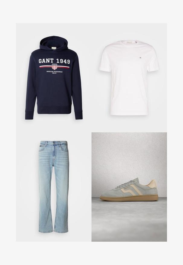 Navy blauwe hoodie met een grafisch ontwerp op de voorkant met "GANT 1949" en een schildlogo. Gemaakt van zachte materialen, heeft het lange mouwen en een capuchon met trekkoord.; Witte katoenen T-shirt met een ronde hals, korte mouwen en een klein geborduurd logo op de borst. Zachte structuur, eenvoudig ontwerp.; Lichtblauwe denim jeans met een rechte pijp, voorzien van vijf zakken, een knoopsluiting en subtiele vervaging op de stof.; Lichtgrijze suède sneaker met beige accenten en gumzool, zwevend boven een gepolijste betonvloer bij een glazen blokwand.