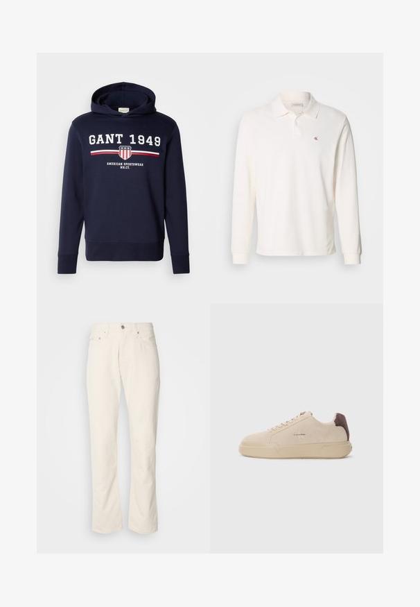 Marineblå hættetrøje med et frontgrafik, der har "GANT 1949" og et skjoldlogo. Den er lavet af blødt materiale, har lange ærmer og en hætte med snore.; Langærmet, cremefarvet polo lavet af bomuld, med en rød broderet logo på venstre bryst og et klassisk kravedesign.; Beige bomuldsjeans med et klassisk lige ben-design, der har en forreste knaplukning, fem lommer og diskrete syninger.; Beige ruskind sneakers med rund tå, snørret foran og en brun ruskindsdetalje på hælen. Har en tekstureret gummisål.