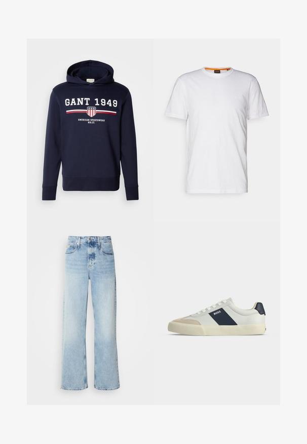Marineblå hættetrøje med et frontgrafik, der har "GANT 1949" og et skjoldlogo. Den er lavet af blødt materiale, har lange ærmer og en hætte med snore.; Hvid bomulds T-shirt med rund hals, korte ærmer og et subtilt præget logo på brystet. Indvendigt mærke har en orange detalje.; Lysblå vide jeans med høj talje, der har en falmet finish, bæltestropper og klassisk fem-lomme design. Kantene er rå.; Hvid lav sneakers med beige tå, navy blå sidestribe med mærket BOSS, hvide snørebånd og gummisål på neutral baggrund.