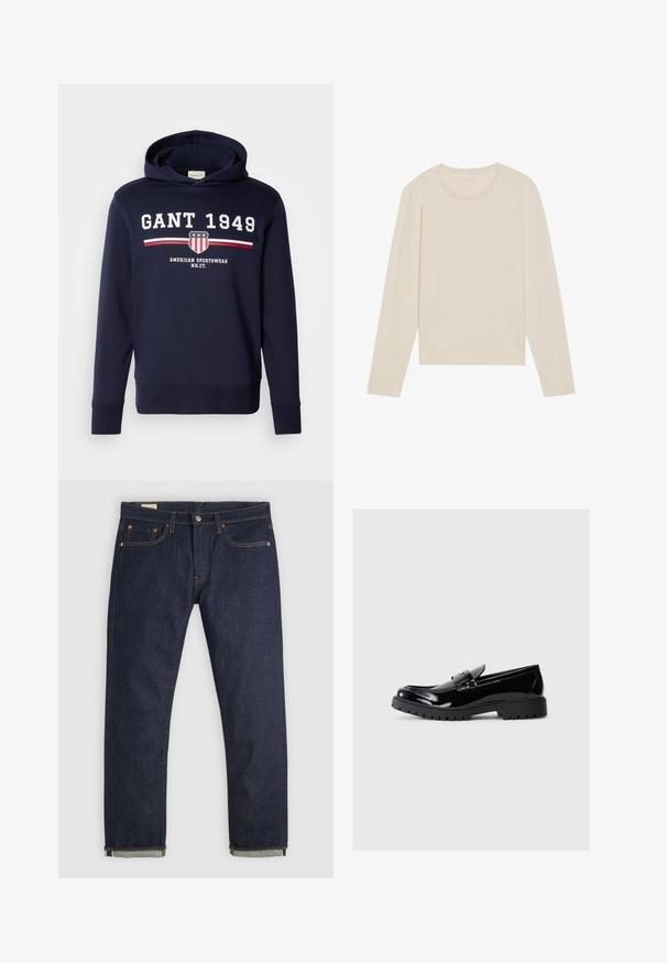 Navy blauwe hoodie met een grafisch ontwerp op de voorkant met "GANT 1949" en een schildlogo. Gemaakt van zachte materialen, heeft het lange mouwen en een capuchon met trekkoord.; Langsleeve shirt in lichtbeige, met een ronde hals en zachte textuur, met een eenvoudig en relaxed fit ontwerp.; Donkerblauwe spijkerbroek met rechte pijpen, omgeslagen boorden, vijfzakkenontwerp, koperen klinknagels en knoopsluiting op een effen achtergrond.; Zwarte gepatineerde leren instappers met een ronde neus, decoratieve band en een chunky rubberen zool met diepe groeven voor extra grip.