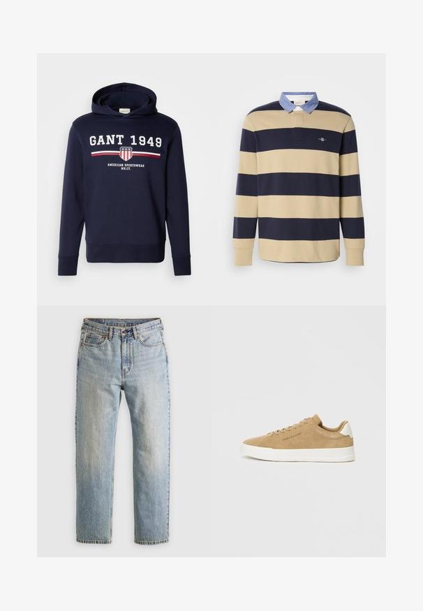 Sudadera azul marino con un gráfico frontal que presenta "GANT 1949" y un logo de escudo. Confeccionada en material suave, tiene mangas largas y capucha ajustable con cordón.; Camisa polo de manga larga a rayas con rayas horizontales en azul marino y beige, un cuello azul claro y un pequeño logo bordado en el pecho.; Jeans de mezclilla azul claro de cintura alta, con botón frontal, cremallera y diseño de cinco bolsillos, dispuestos sobre un fondo neutro.; Zapatillas de ante beige con suela de goma blanca, puntera redondeada, cordones planos y un logotipo sutil en el lateral. Textura suave y diseño minimalista.