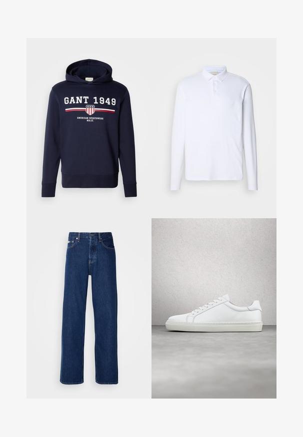 Sudadera azul marino con un gráfico frontal que presenta "GANT 1949" y un logo de escudo. Confeccionada en material suave, tiene mangas largas y capucha ajustable con cordón.; Camisa polo blanca de manga larga hecha de una tela suave, con un cuello clásico, una tapeta de tres botones y un sutil logo en el pecho.; Vaqueros de mezclilla azul oscuro con un diseño de pierna ancha, que presentan un cierre de botón y el clásico estilo de cinco bolsillos. La tela tiene una textura suave.; Zapatilla blanca con parte superior de cuero liso y perfil bajo. Presenta una puntera redondeada, seis ojales y una suela de goma texturizada.