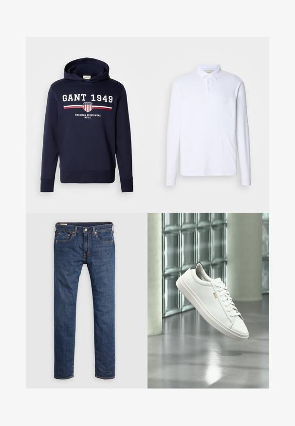 Sudadera azul marino con un gráfico frontal que presenta "GANT 1949" y un logo de escudo. Confeccionada en material suave, tiene mangas largas y capucha ajustable con cordón.; Camisa polo blanca de manga larga hecha de una tela suave, con un cuello clásico, una tapeta de tres botones y un sutil logo en el pecho.; Pantalones vaqueros de mezclilla azul oscuro con corte de pierna recta. Presentan bolsillos frontales, cierre con botón metálico y costuras en contraste de color amarillo.; Zapatilla deportiva de piel blanca de corte bajo con cordones, lengüeta negra en el talón y logo "BOSS", flotando en interiores cerca de una pared de bloques de vidrio y suelo pulido.