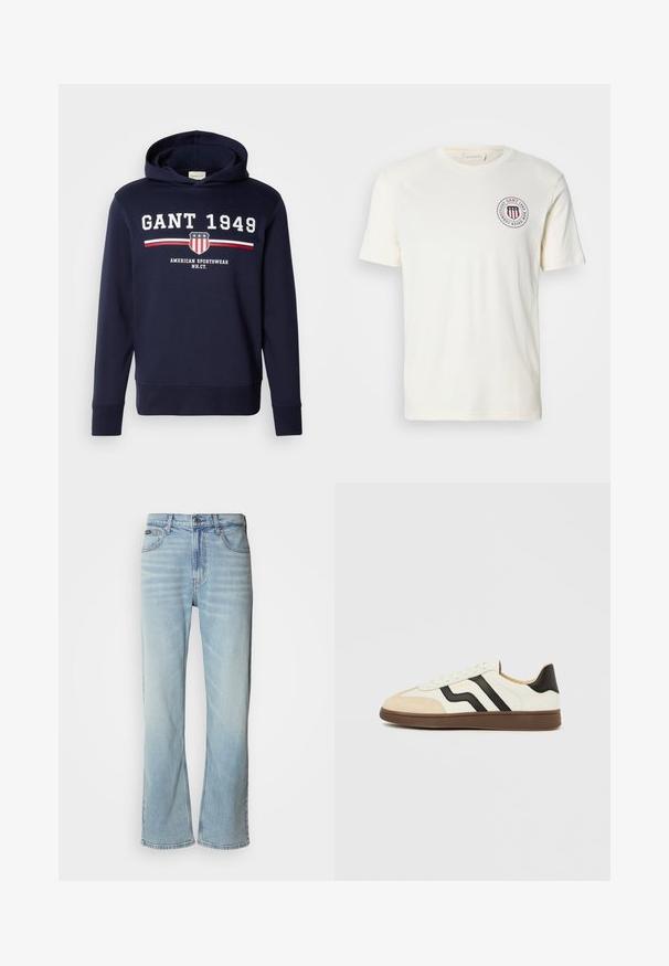 Marineblaue Kapuzenjacke mit einem Frontgrafik, die "GANT 1949" und ein Schild-Logo zeigt. Hergestellt aus weichem Material, hat sie lange Ärmel und eine Kordelzugkapuze.; Cremfarbene Baumwoll-T-Shirt mit rundem Ausschnitt, kurzen Ärmeln und einem runden Logo mit roten Streifen und Text auf der Brust.; Hellblaue Jeans aus Denim mit geradem Bein, ausgestattet mit fünf Taschen, einem Knopfverschluss und subtilen Verwaschungen im Stoff.; Weißer Ledersneaker mit schwarzen Streifen und hellbraunem Wildleder-Zehenkappe. Gummisohle in Dunkelbraun. Schnürsenkel und gepolsterter Kragen vervollständigen das Design.
