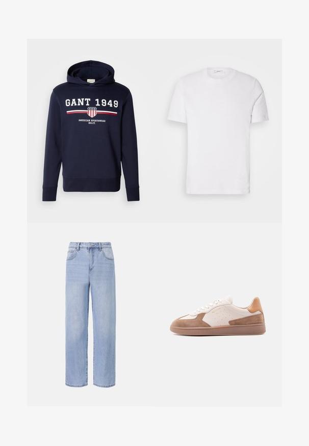 Sudadera azul marino con un gráfico frontal que presenta "GANT 1949" y un logo de escudo. Confeccionada en material suave, tiene mangas largas y capucha ajustable con cordón.; Camiseta de algodón blanca con cuello redondo y mangas cortas. Presenta un sutil logo de la marca en el frente, textura suave y un corte clásico.; Jeans de mezclilla de color azul claro con un diseño relajado y de pierna ancha. Las características incluyen cinco bolsillos, un cierre de botón en el frente y un desvanecimiento sutil.; Zapatilla baja blanca y beige con detalles de ante, laterales perforados, cordones blancos y suela de goma texturizada, mostrada de lado sobre un fondo blanco.