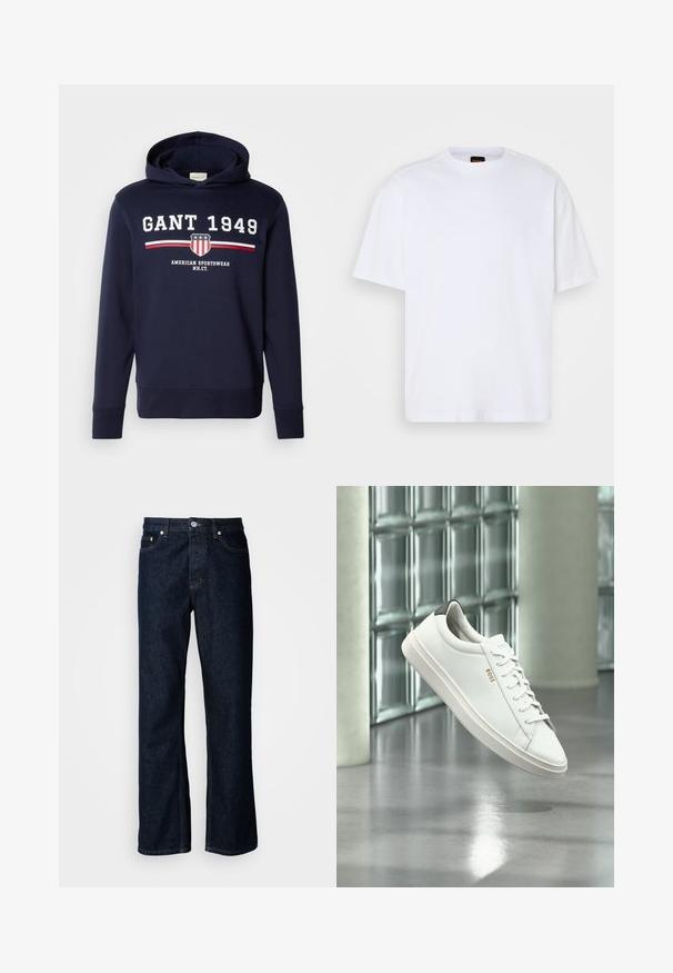 Navy blauwe hoodie met een grafisch ontwerp op de voorkant met "GANT 1949" en een schildlogo. Gemaakt van zachte materialen, heeft het lange mouwen en een capuchon met trekkoord.; Witte katoenen T-shirt met ronde hals, korte mouwen en een ontspannen pasvorm. Heeft textuur op de schoudernaden voor extra detail.; Donkerblauwe denim jeans met een rechte pijp, voorzien van een vijfzakkenontwerp, knoopsluiting en oranje stikdetails.; Witte leren lage sneaker met veters, zwarte hielstrook en "BOSS"-logo, zwevend binnenshuis bij een glazen stenen muur en gepolijste vloer.