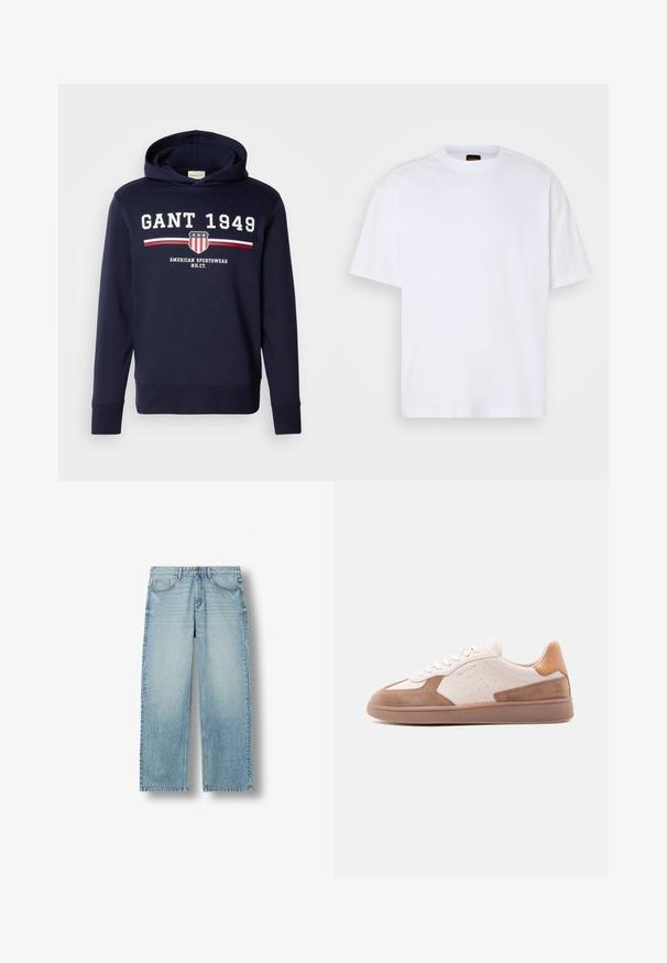 Sudadera azul marino con un gráfico frontal que presenta "GANT 1949" y un logo de escudo. Confeccionada en material suave, tiene mangas largas y capucha ajustable con cordón.; Camiseta de algodón blanca con cuello redondo, mangas cortas y un corte relajado. Presenta costuras de hombro texturizadas para un detalle adicional.; Vaqueros de mezclilla azul claro de pierna recta con cinco bolsillos y cierre de botón, exhibidos sobre un fondo blanco.; Zapatilla baja blanca y beige con detalles de ante, laterales perforados, cordones blancos y suela de goma texturizada, mostrada de lado sobre un fondo blanco.