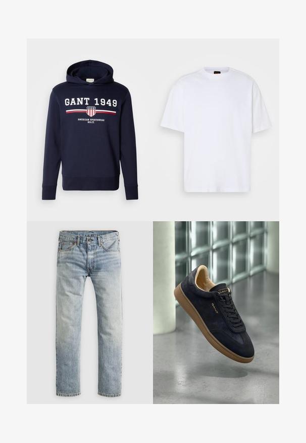 Navy blauwe hoodie met een grafisch ontwerp op de voorkant met "GANT 1949" en een schildlogo. Gemaakt van zachte materialen, heeft het lange mouwen en een capuchon met trekkoord.; Witte katoenen T-shirt met ronde hals, korte mouwen en een ontspannen pasvorm. Heeft textuur op de schoudernaden voor extra detail.; Lichtblauwe denim jeans met rechte pijpen, met knoopsluiting, voorzakken en riemlussen, plat weergegeven op witte achtergrond.; Navy suède sneaker met een tan rubberen zool, voorzien van een ronde neus, platte veters en een reliëflogo op de tong. Minimalistisch ontwerp.
