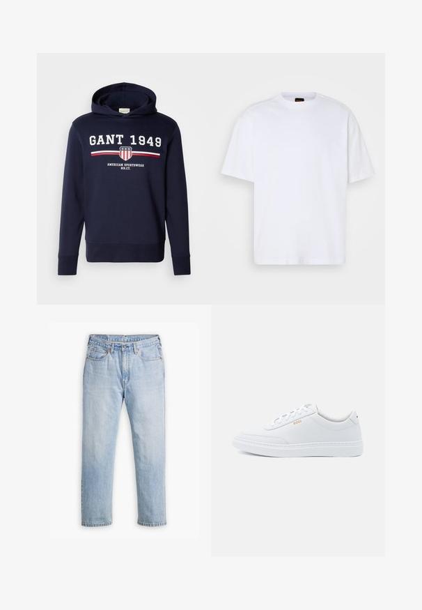 Sudadera azul marino con un gráfico frontal que presenta "GANT 1949" y un logo de escudo. Confeccionada en material suave, tiene mangas largas y capucha ajustable con cordón.; Camiseta de algodón blanca con cuello redondo, mangas cortas y un corte relajado. Presenta costuras de hombro texturizadas para un detalle adicional.; Jeans de mezclilla azul claro con un diseño de pierna recta, estilo de cinco bolsillos y costuras en contraste. Cierre de botón y cremallera en la cintura.; Zapatillas de cuero blanco con textura suave, puntera redondeada y costuras tonales. Cuentan con cordones azules y un logo dorado en el lateral.