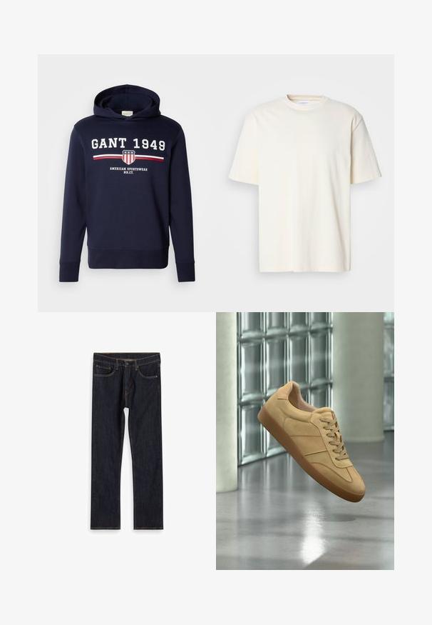 Sudadera azul marino con un gráfico frontal que presenta "GANT 1949" y un logo de escudo. Confeccionada en material suave, tiene mangas largas y capucha ajustable con cordón.; Camiseta de cuello redondo de manga corta en color blanco roto, diseño unisex, exhibida sobre un fondo gris neutro.; Jeans de mezclilla rectos de color azul oscuro con bolsillos frontales, lazos para cinturón y costuras naranjas en contraste, dispuestos sobre un fondo blanco.; Zapatilla beige de ante con suela de goma, diseño con cordones, flotando en interiores sobre suelo de hormigón pulido cerca de pared de bloques de vidrio.
