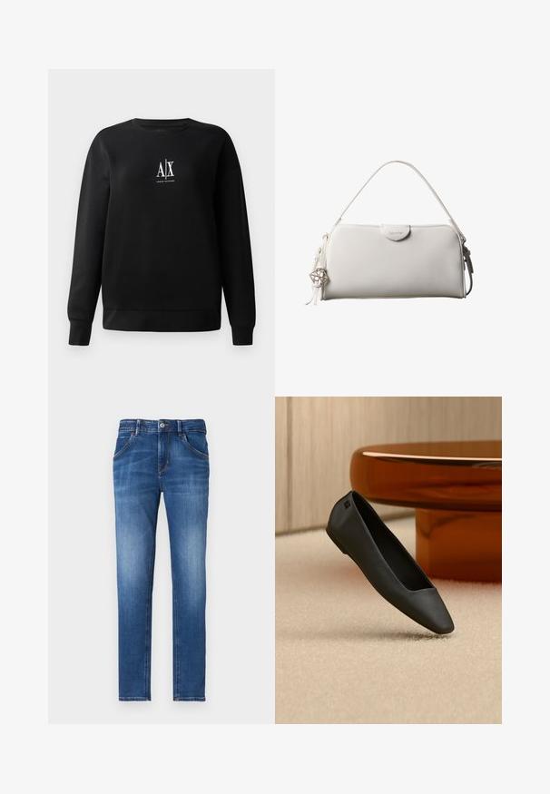 Zwart sweatshirt gemaakt van een katoenmix, met een ronde hals en lange mouwen. Op de middenvoor staat een witte "A|X" logo. Gladde textuur.; Slim-fit blauwe denim jeans met een vervaagde afwerking, vijf zakken, een knoopsluiting aan de voorkant en contrasterende stikseldetails.; Zwarte platte schoen met puntige neus, rustend op een beige tapijt naast een ronde amberkleurige tafel in een minimalistische kamer.; Witte rechthoekige Calvin Klein handtas met enkele handgreep, minimalistisch ontwerp en decoratieve kwastjes met geometrische metalen hanger aan de zijkant.
