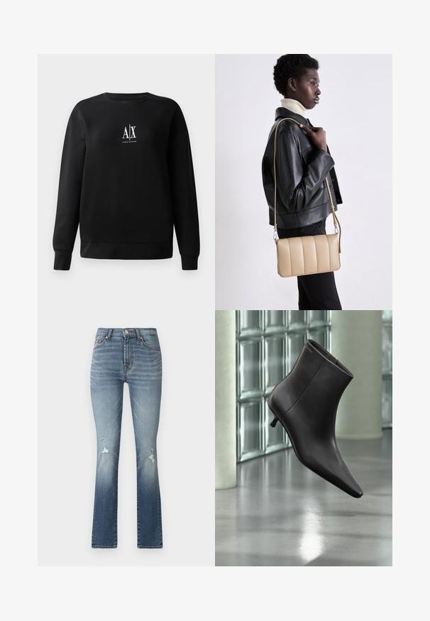 Schwarzer Sweatshirt aus Baumwollmischung mit Rundhalsausschnitt und langen Ärmeln. In der Mitte des Vorderteils befindet sich ein weißes "A|X"-Logo. Glatte Textur.; Hellblaue Denim-Stretch-Jeans mit weitem Bein und hoher Taille, ausgestattet mit zwei Fronttaschen und einer ausgefransten Optik an den Oberschenkeln.; Schwarzer Leder-Knöchelstiefel mit spitzer Spitze und kleinem Absatz vor einer Wand aus Glasbausteinen und einem polierten Boden.; Beige Leder-Crossbody-Tasche mit gestepptem Muster, rechteckiger Form, dünnem Trageriemen und silberner Hardware, getragen von einer Person in einer schwarzen Jacke.