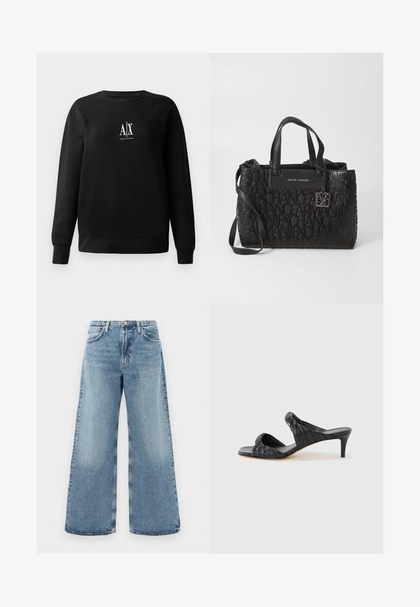 Sort sweatshirt lavet af bomuldsblanding med rund hals og lange ærmer. Center foran har et hvidt "A|X" logo. Glat tekstur.; Lysblå denimwide-leg jeans med høj talje, traditionelt fem-lomme design, synlige sømme og en rå kant.; Sorte hælede sandaler med firkantet tå, lavet af glat læder. Har samlet remme og en slank hæl for ekstra højde.; Sort læderhandbag med et præget logomønster, to topbærerhåndtag og en justerbar skulderrem med en metallisk charm.