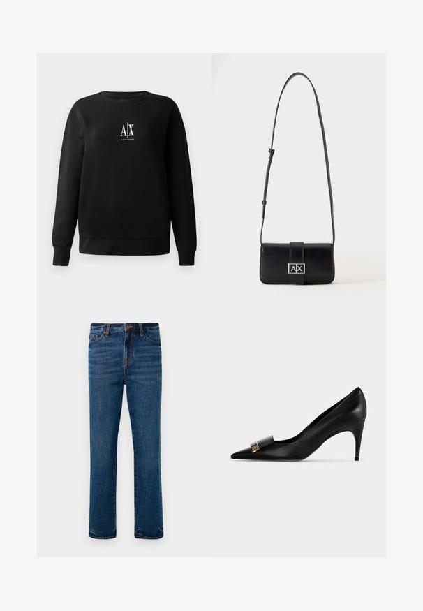 Zwart sweatshirt gemaakt van een katoenmix, met een ronde hals en lange mouwen. Op de middenvoor staat een witte "A|X" logo. Gladde textuur.; Donkerblauwe denim jeans met een recht model, voorzien van oranje stiksels en een sluiting met een knoop aan de voorkant. Vijf zakken aanwezig.; Zwarte puntige hoge hak met een getextureerd patroon en een klein gouden gespsdetail aan de voorkant, zijaanzicht op een effen achtergrond.; Zwarte leren schoudertas met verstelbare riem en zilveren rechthoekige gesp met de letters A en X op een effen achtergrond.