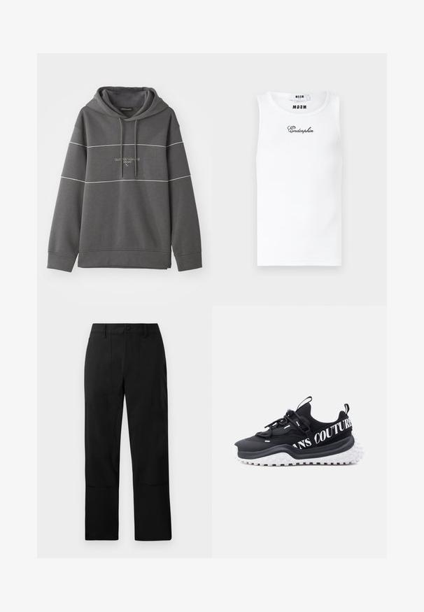 Hoodie harmaa, jossa on valkoiset raidat ja brodeerattu logo rinnassa. Valmistettu pehmeästä, tekstuurista kankaasta.; Valkoinen, hihaton, ribbineulottu toppi, jossa mustalla kursiivilla kirjailtu "Endorphin"-teksti rinnassa ja sisäiset MSGM-merkkisetäisyysliput kaula-aukon kohdalla.; Mustat housut, jotka on valmistettu sileästä kankaasta. Niissä on tasainen etuosa, kaksi etutaskua ja suora lahje, jossa on hienovaraisia ompelutaskuja.; Mustat verkkokangaskengät, joissa valkoinen pohja, teksturoitu kumipohja, joustavat nauhat ja voimakas valkoinen brändäys sivulla.