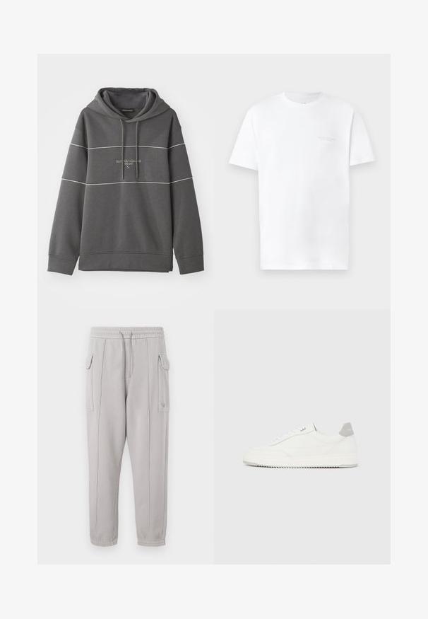 Grå hættetrøje med hvide stribede detaljer, prydet med et broderet logo på brystet. Lavet af blødt, tekstureret stof.; Hvid bomulds t-shirt med korte ærmer, rund halsudskæring, der har et diskret gråt logo print på venstre bryst og en glat overflade.; Grå sweatpants med elastisk talje, sidelommer og stikninger, der løber lodret langs benene. Tekstur af bomuldsblanding.; Hvid lavtop-sneaker med gråt hælflig, hvide snørebånd og tekstureret sål, vist på en ensfarvet lys baggrund.