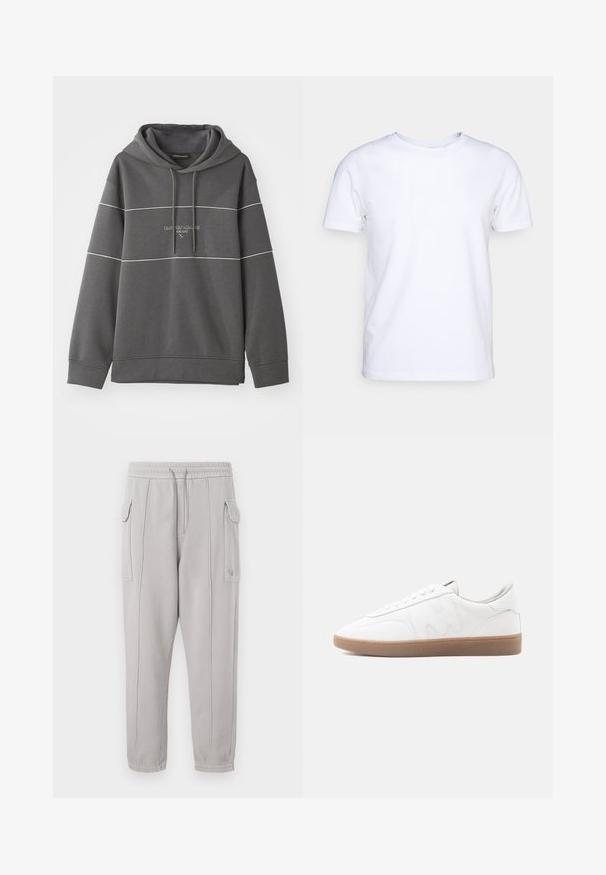 Hoodie harmaa, jossa on valkoiset raidat ja brodeerattu logo rinnassa. Valmistettu pehmeästä, tekstuurista kankaasta.; Valkoinen lyhythihainen t-paita puuvillakankaasta, jossa on pyöreä pääntie. Yksinkertainen muotoilu ilman kuvioita tai korostuksia. Tasainen rakenne.; Harmaat collegehousut, joissa on joustava vyötärö, sivutaskut ja pystysuunnassa ommeltu yksityiskohta jaloissa. Puuvillasekoitekangas.; Valkoinen matalakärkinen lenkkari pohjassa kuminvärinen kumipohja, ommellut peitteet ja nauhallinen suljenta neutraalilla taustalla.