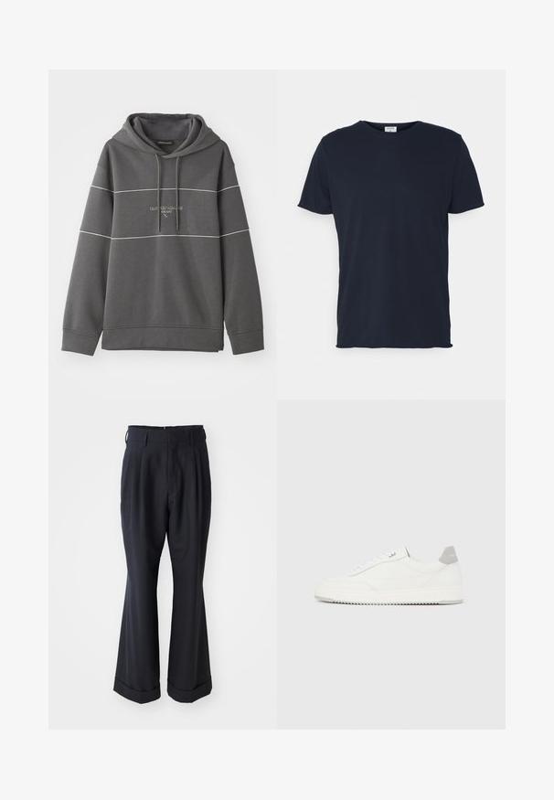 Hoodie harmaa, jossa on valkoiset raidat ja brodeerattu logo rinnassa. Valmistettu pehmeästä, tekstuurista kankaasta.; Navy sininen puuvillatee-paita, jossa on pyöreä kaula-aukko ja lyhyet hihat, sileä pinta ja yksinkertainen muotoilu, ei näkyviä kuvioita tai yksityiskohtia.; Mustat räätälöidyt housut rennolla istuvuudella, voltaan pleidatut etuosat ja leveät lahkeet. Mukana käännetty helma ja sileä kangas.; Valkoinen matala lenkkikenkä, jossa harmaa kantapääosa, valkoiset nauhat ja kuvioitu pohja, esillä yksinkertaisella vaalealla taustalla.