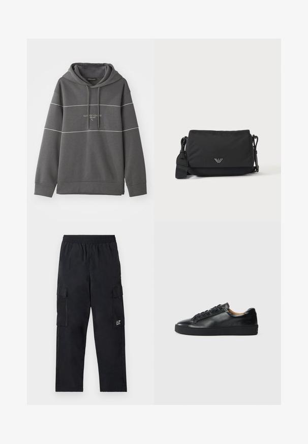 Grauer Kapuzenpullover mit weißen Streifenakzenten, mit einem gestickten Logo auf der Brust. Hergestellt aus weichem, strukturiertem Stoff.; Schwarze Cargo-Hosen mit einem elastischen Bund, Seitentaschen und einem kleinen Logo am linken Bein. Hergestellt aus leichtem, glattem Stoff.; Schwarze Leder-Sneaker mit glatter Textur, runder Zehenpartie und Schnürverschluss. Verfügt über eine dicke Gummisohle und minimalistische Marken-Details.; Schwarze Umhängetasche mit verstellbarem Riemen und kleinem silbernem Logoemblem auf der Vorderklappe, dargestellt auf einfachem hellem Hintergrund.