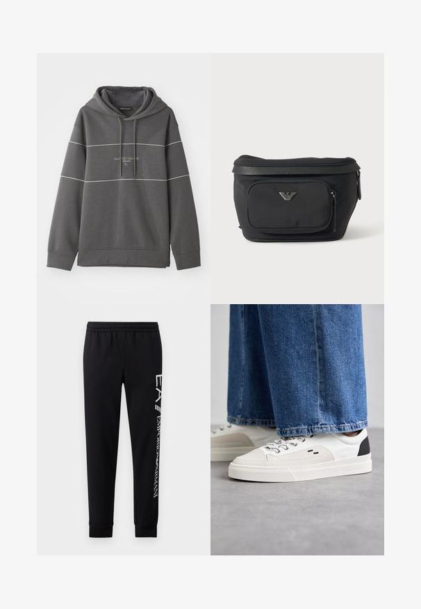 Grauer Kapuzenpullover mit weißen Streifenakzenten, mit einem gestickten Logo auf der Brust. Hergestellt aus weichem, strukturiertem Stoff.; Schwarze Sweatpants aus Baumwollmischung mit elastischem Taillenbund, schmal zulaufenden Beinen, gerippten Bündchen und weißem Logo-Druck entlang der Seite.; Weiße und schwarze Sneaker mit einem Obermaterial aus glattem Leder, strukturierten Akzenten und einer massiven weißen Sohle. Verfügt über ein klassisches Schnürdesign.; Schwarze Bauchtasche mit Frontreißverschlusstasche und silbernem Adlerlogo, glattes Gewebe mit strukturiertem Besatz und Reißverschlussanhängern.