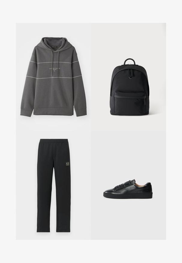 Grå hættetrøje med hvide stribede detaljer, prydet med et broderet logo på brystet. Lavet af blødt, tekstureret stof.; Sorte sweatpants med lige ben, elastisk talje og sort logo-patch på venstre lår.; Sorte lædersneakers med en glat overflade, rund tå og snørebåndslukning. Har en tyk gummisål og minimal branddetalje.; Sort rygsæk med en frontlomme med lynlås, dobbelt lynlås til hovedrummet og et lille metal-logo under hovedlynlåsene.