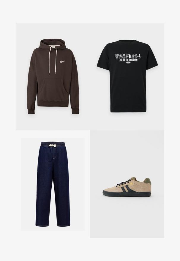 Mørkebrune hættetrøje med frontlomme, hvide snore og lille hvid "Pompeii" logo på venstre bryst.; Sort t-shirt med hvide tegneserie-alienfigurer over teksten "KÆRLIGHED TIL DET UKENDTE" og et lille oval logo under teksten.; Mørkeblå denim joggerbukser med elastisk talje, snøre lukning og sidelommer, udstyret med kontrastsyninger.; Beige ruskind skate sko med sort sål, sorte snørebånd, sorte sidelister, olivengrøn hæl og gult Globe-logo på siden og tungen.