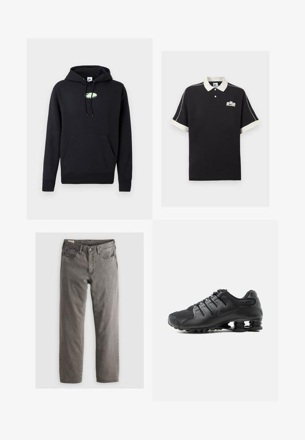Sort Nike hættetrøje med frontlomme, snoretræk i hætten og lille lysegrøn oval logo centreret på brystet.; Sort kortærmet polo med hvide krave og manchetter, hvid piping på ærmerne og hvid Nike-logo på venstre bryst.; Grå denimjeans med lige pasform, fem-lomme-design og knaplukning; ingen synlige mønstre eller accenter; let bleget finish.; Sort atletiksko med tekstureret overdel, snørelukninger og karakteristisk fjederlignende sålstøtte synlig på hvid baggrund.