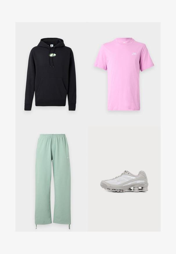 Must musta Nike kapuutsiga, ees kangaroo tasku, reguleeritava nööriga kapuuts ja väike helesinine ovaalne logo, mis on tsentraalselt rinnal.; Helelilla lühikeste varrukatega Nike T-särk ümara kaelusega ja vasakul rinnal väike valge Nike logo, valgel taustal.; Hele roheline laia lõikega dressipüksid elastse vöökohaga, vasakul reiel Nike logo ja reguleeritavad nöörid säärte ääres.; Hall-valge spordijalats nähtava õhkmadratsi ja võrgust detailidega, esitatud küljepildina lihtsal heledal taustal.