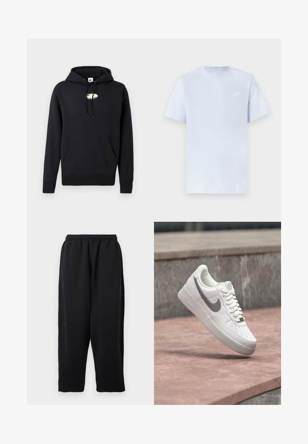 Musta Nike huppari, jossa on etupuolen kenguru-tasku, kiristettävä huppu ja pieni vaaleanvihreä soikea logo keskitettynä rinnassa.; Vaaleansininen puuvillainen t-paita lyhyillä hihoilla, pyöreä kaula-aukko ja valkoinen Nike-logo vasemmassa rinnassa. Suora pinta, yksinkertainen muotoilu.; Mustat housut pehmeästä kankaasta, joissa on joustava vyötärönauha, leveät lahkeet ja sivutaskut, joissa on hillityt siniset yksityiskohdat.; Valkoinen Nike Air Force 1 -tennari, jossa harmaa swoosh-logo, leijuu kiven päällä kiven harmaan seinän taustalla.