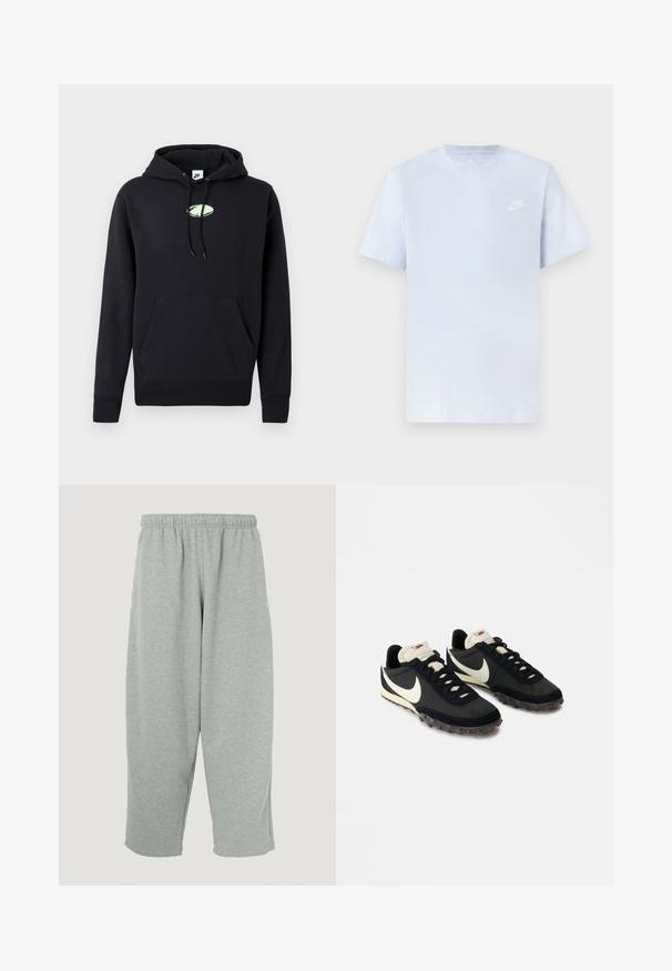 Must musta Nike kapuutsiga, ees kangaroo tasku, reguleeritava nööriga kapuuts ja väike helesinine ovaalne logo, mis on tsentraalselt rinnal.; Hele sinine puuvillane t-särk lühikeste varrukatega, ümar kaelus ja valge Nike logo trükituna vasakul rinnal. Sile tekstuur, lihtne disain.; Heleroosad dressipüksid, millel on elastne vöökoht, kitseneva lõikega sääred ja pehme tekstuur. Puuduvad nähtavad brändimärgid või mustrid.; Mustad mustandiga spordijalatsid, valge Swooshi logo ja kummist tallaga, millel on väiksed konarused haarde tagamiseks. Kreemivärvi kael.