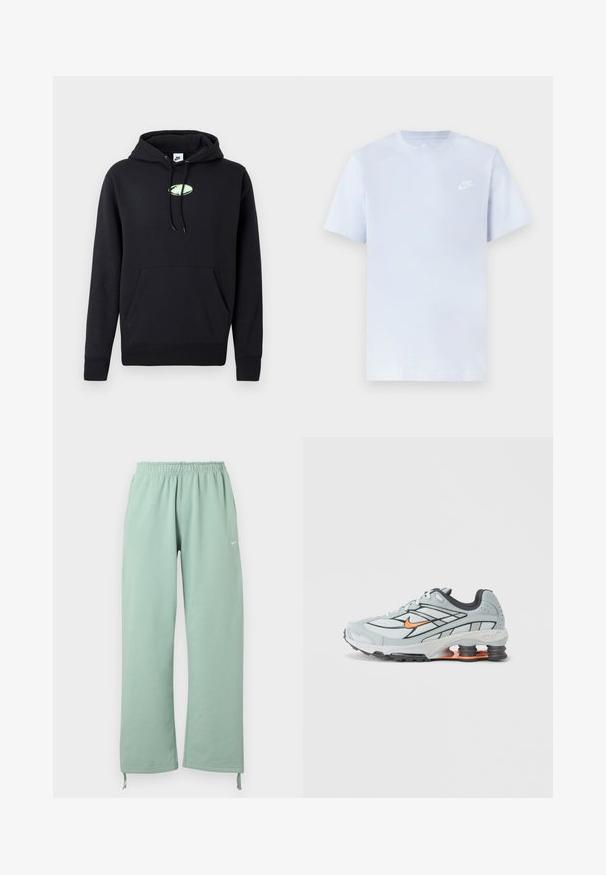 Must musta Nike kapuutsiga, ees kangaroo tasku, reguleeritava nööriga kapuuts ja väike helesinine ovaalne logo, mis on tsentraalselt rinnal.; Hele sinine puuvillane t-särk lühikeste varrukatega, ümar kaelus ja valge Nike logo trükituna vasakul rinnal. Sile tekstuur, lihtne disain.; Hele roheline laia lõikega dressipüksid elastse vöökohaga, vasakul reiel Nike logo ja reguleeritavad nöörid säärte ääres.; Helehall jooksujalats mustade aksentide, oranži logoga, võrkkattega pealosa, pehmendatud krae ja kummist tallaga, millel on nähtavad lööke neelavad elemendid.