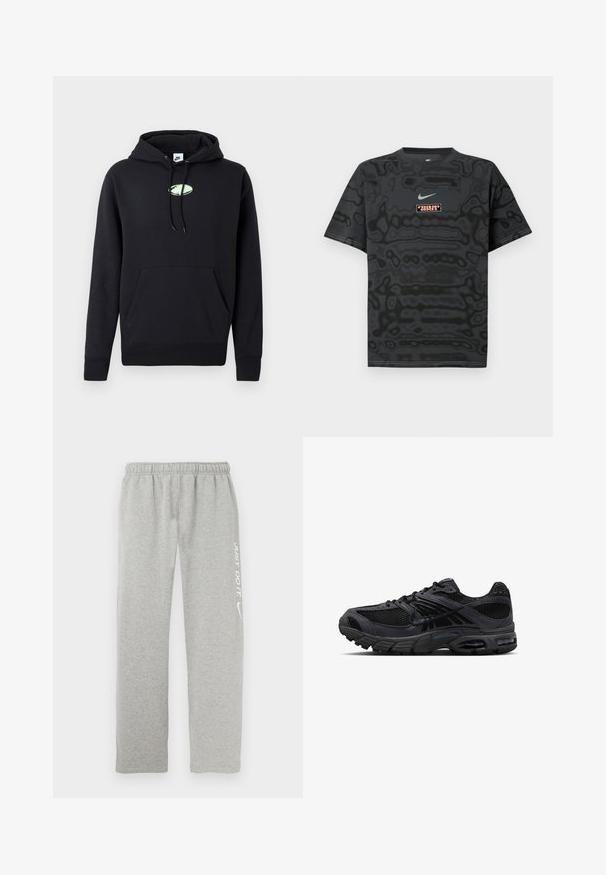 Zwarte Nike hoodie met een zijzak aan de voorkant, een trekkoord in de capuchon en een klein lichtgroen ovaal logo in het midden van de borst.; Zwart T-shirt met een gestructureerd patroon, met een klein Nike-logo in lichtblauw en een rechthoekige logopatch in contrasterende kleuren.; Grijze sweatpants van zacht materiaal met een elastische tailleband. Voorzien van witte tekst "JUST DO IT" en het Nike swoosh-logo op één been.; Zwarte en donkergrijze Nike hardloopschoen met meshstof, suède overlays, een gedempte zool en zichtbare luchtunits in de hiel en voorvoet.