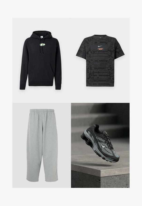 Zwarte Nike hoodie met een zijzak aan de voorkant, een trekkoord in de capuchon en een klein lichtgroen ovaal logo in het midden van de borst.; Zwart T-shirt met een gestructureerd patroon, met een klein Nike-logo in lichtblauw en een rechthoekige logopatch in contrasterende kleuren.; Lichtgrijze joggingbroek met een elastische tailleband, taps toelopend ontwerp en zachte textuur. Geen zichtbare merklogo's of patronen.; Grijze en zwarte sportieve sneaker met meshpanelen en dikke zool, zwevend in de lucht boven een betonnen richel met trappen op de achtergrond.