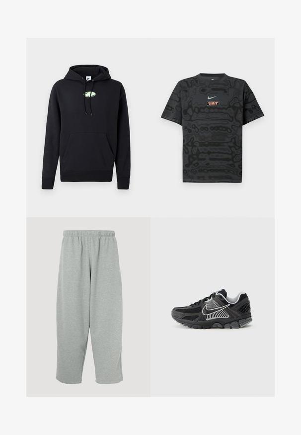 Zwarte Nike hoodie met een zijzak aan de voorkant, een trekkoord in de capuchon en een klein lichtgroen ovaal logo in het midden van de borst.; Zwart T-shirt met een gestructureerd patroon, met een klein Nike-logo in lichtblauw en een rechthoekige logopatch in contrasterende kleuren.; Lichtgrijze joggingbroek met een elastische tailleband, taps toelopend ontwerp en zachte textuur. Geen zichtbare merklogo's of patronen.; Zwarte sportschoen met meshpanelen en synthetische accenten. Heeft een afgeronde neus, een dikke, gedempte zool en contrasterende witte logodetails.