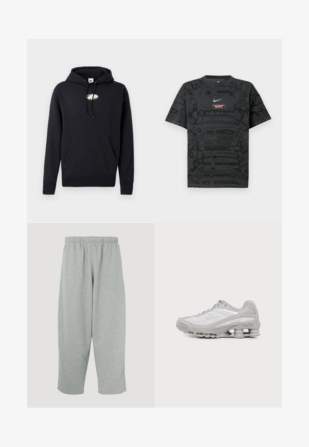 Schwarzer Nike-Hoodie mit vorderer Kängurutasche, verstellbarem Kapuzenzug und kleinem hellgrünen ovalen Logo in der Mitte der Brust.; Schwarzes T-Shirt mit einem strukturierten Muster, versehen mit einem kleinen Nike-Logo in Hellblau und einem rechteckigen Logopatch in kontrastierenden Farben.; Hellgraue Jogginghose mit elastischem Bund, schmal zulaufendem Bein und weicher Textur. Keine sichtbaren Markenlogos oder Muster.; Grauer und weißer Sportschuh mit sichtbarer Luftpolstersohle und Mesh-Einsätzen, im Profil auf einfachem hellem Hintergrund gezeigt.